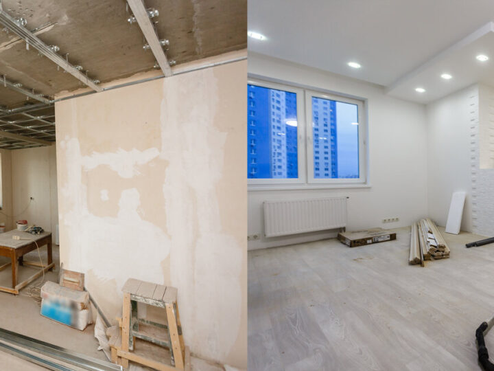Vergleich eines Zimmers in einer Wohnung vor und nach der Renovierung