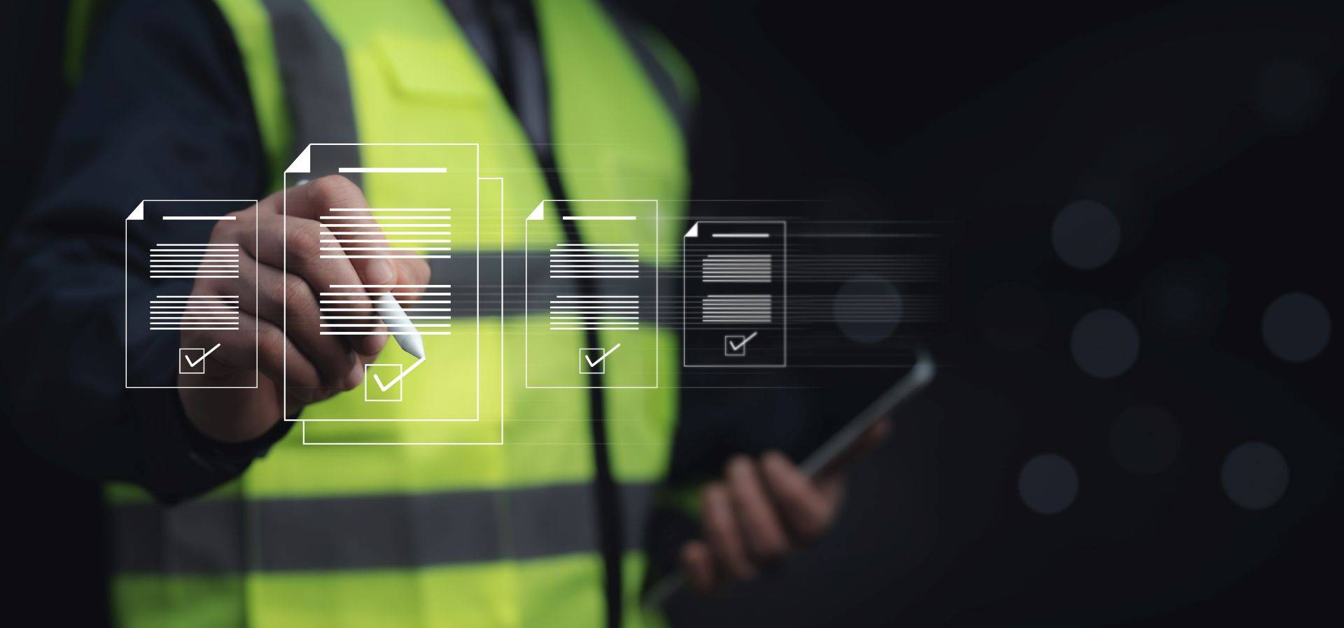 Person in Warnweste nutzt digitale Checklisten für die Prüfung und Dokumentation von Befestigungslösungen