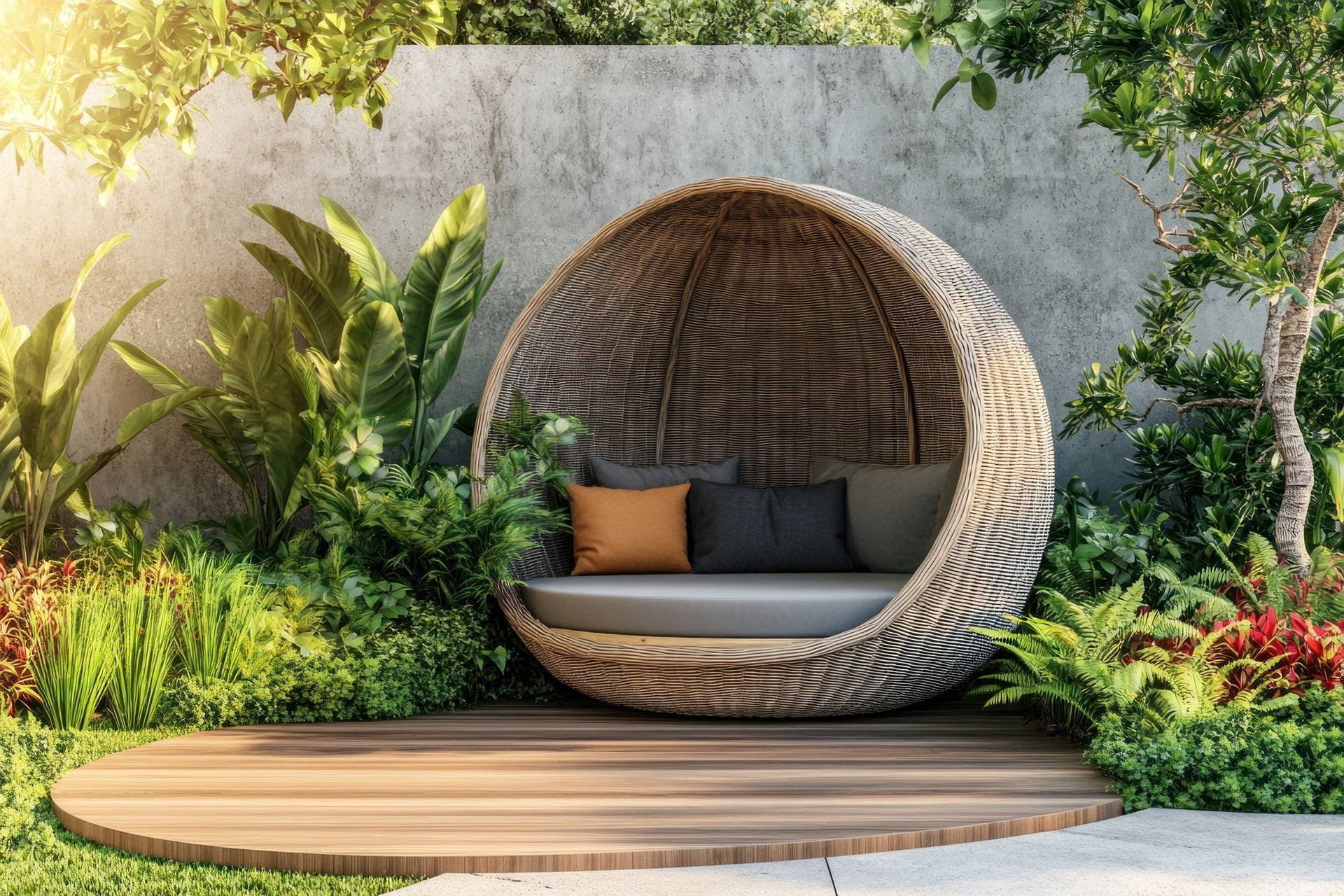 Runde Sitzlounge mit vielen Pflanzen im Garten | Paravent Garten