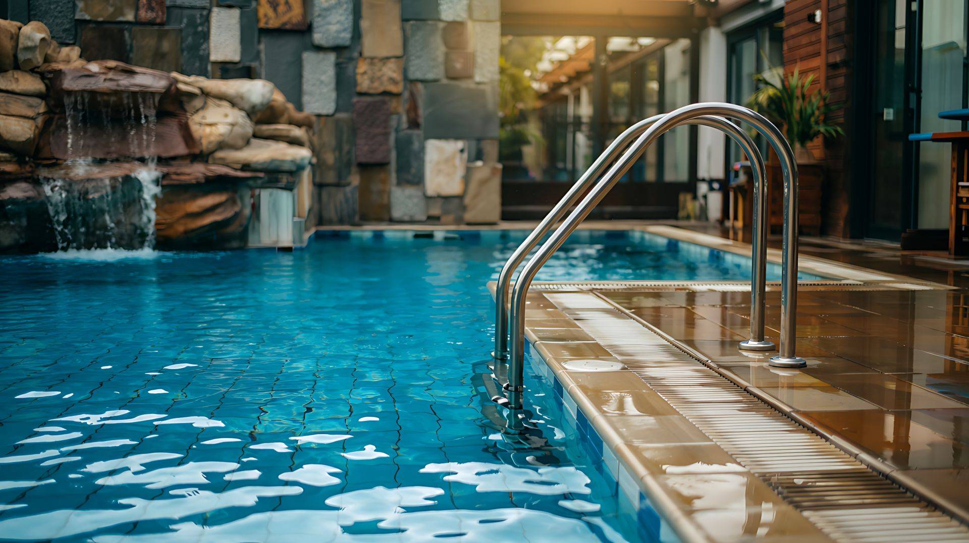 Edelstahl Pool Treppe an Innen- und Aussenpool mit moderner Gestaltung, langlebige und hochwertige Ausstattung