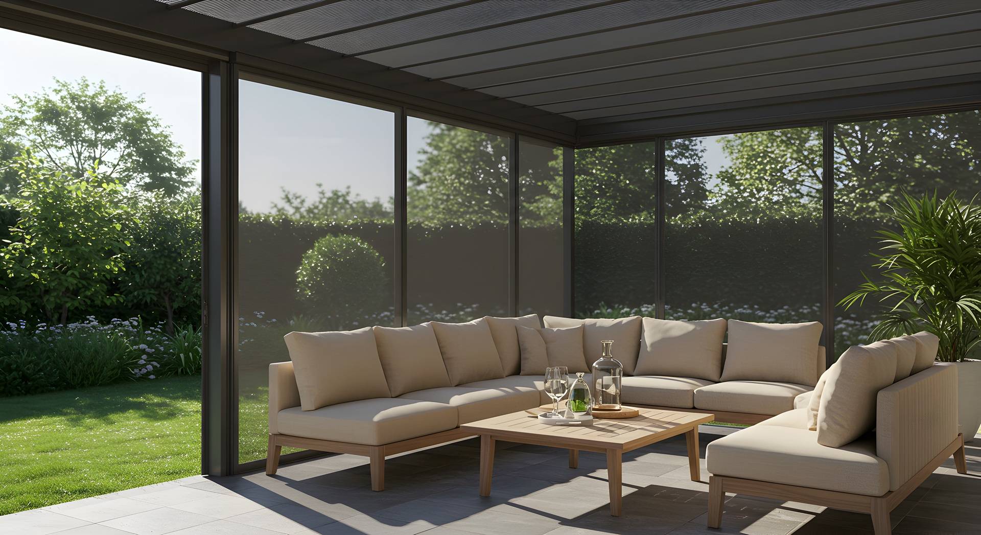 Überdachte Terrasse mit moderner Loungeecke | Paravent Garten