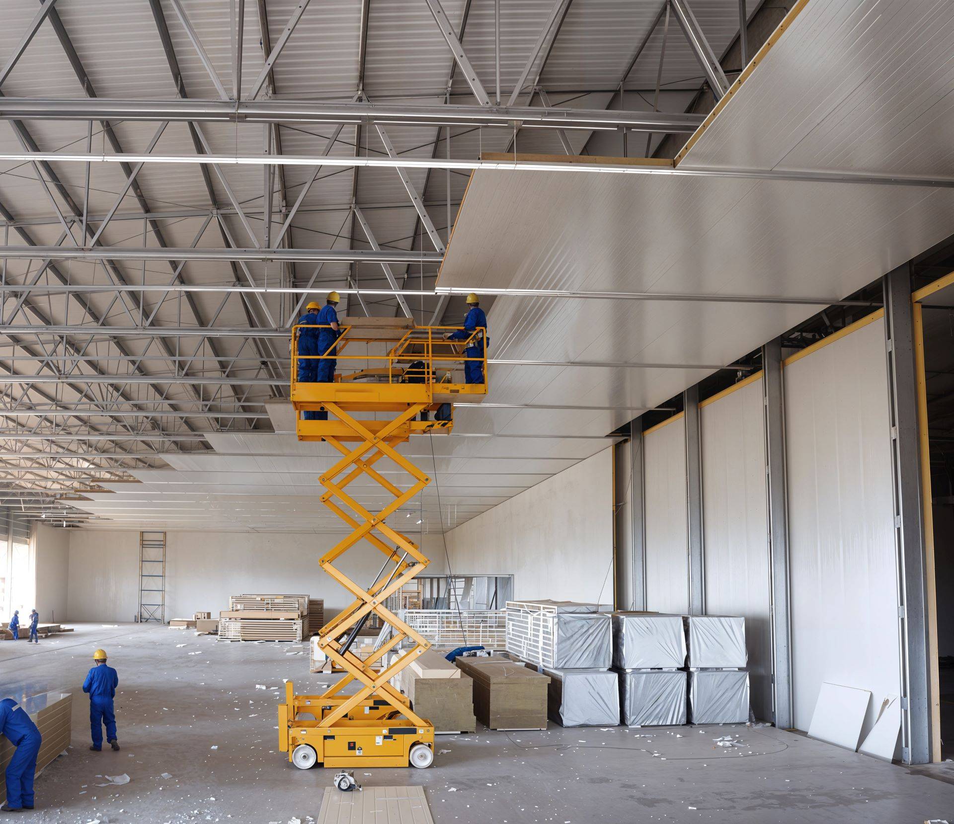 Scherenarbeitsbühne hebt Arbeiter bei Hallenmontage in Bocholt