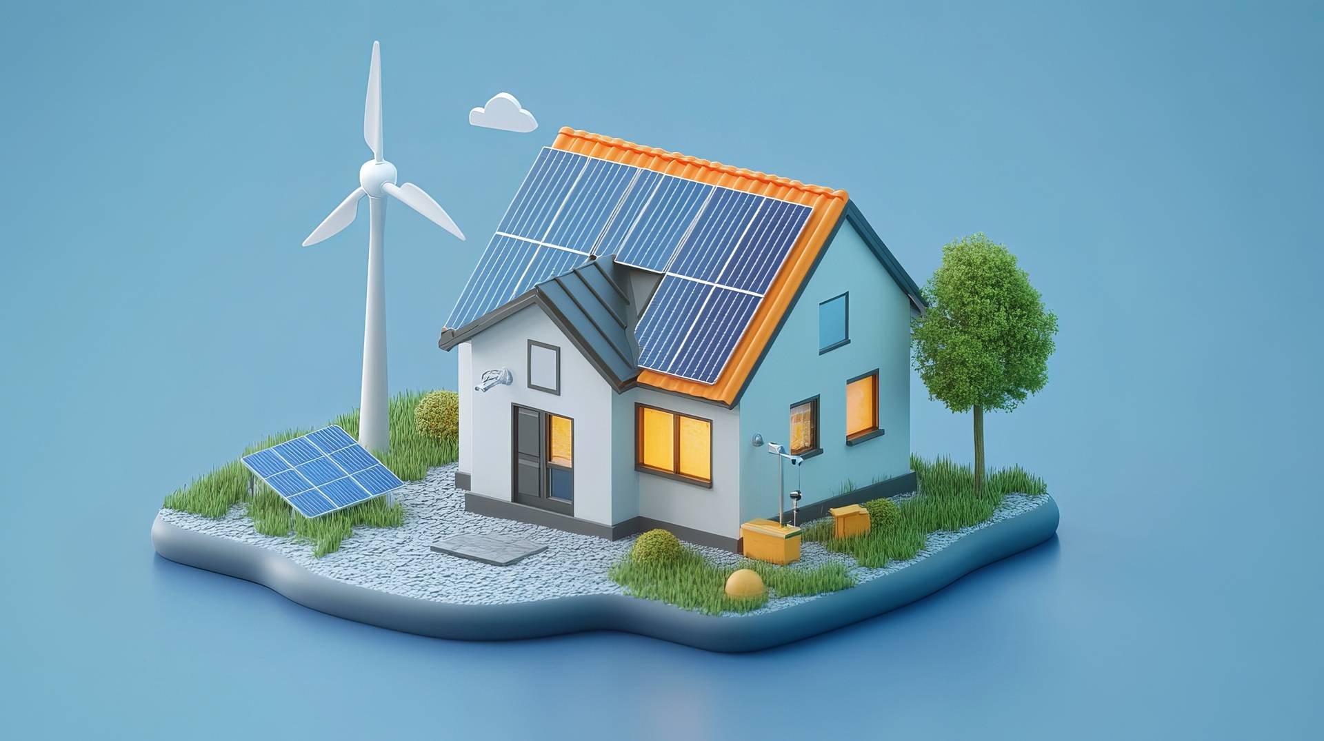 Illustration energieautarkes Haus mit Solardach und Windrad | Photovoltaikanlage Moers