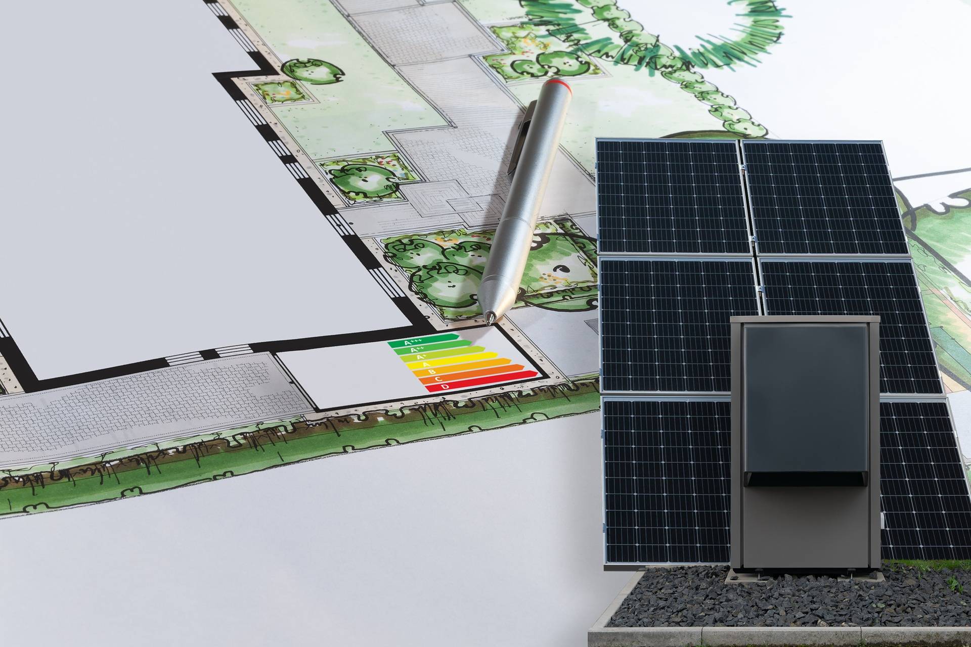 Planungsskizze Energieeffizienzklasse mit Solarpanel und Haustechnik | Photovoltaikanlage Moers