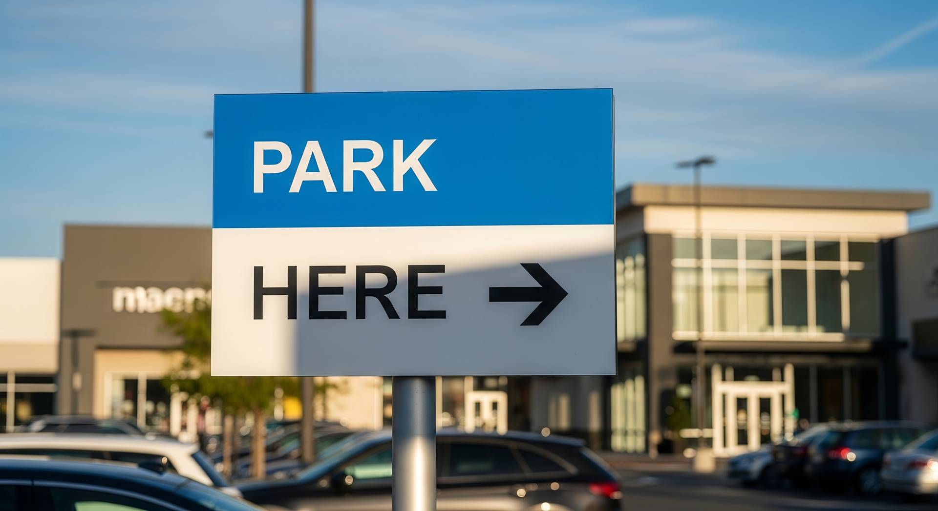 Parkhinweisschild vor Gewerbegebäuden | Absperrpfosten